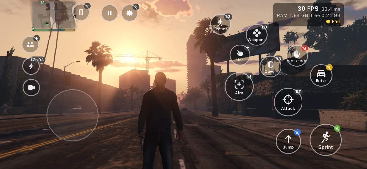 Franklin on a palm-lined street at sunset with touch controls visible.